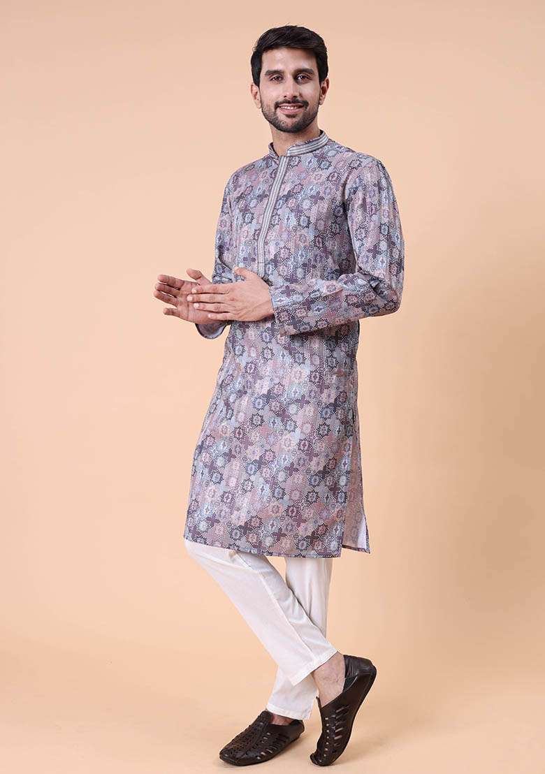 Purple Printed Cotton Silk Kurta For Men - Indya