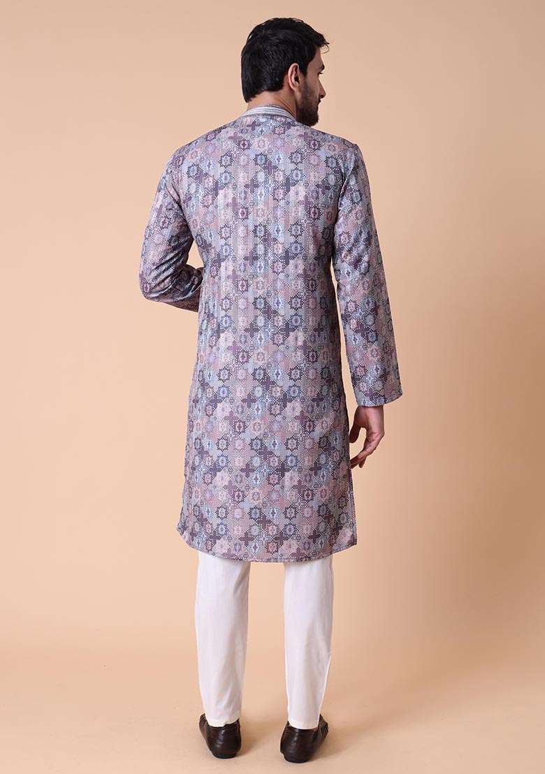 Purple Printed Cotton Silk Kurta For Men - Indya