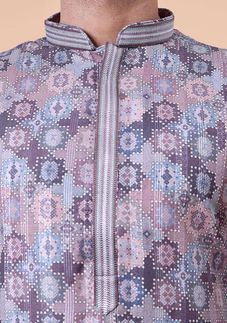 Purple Printed Cotton Silk Kurta For Men - Indya