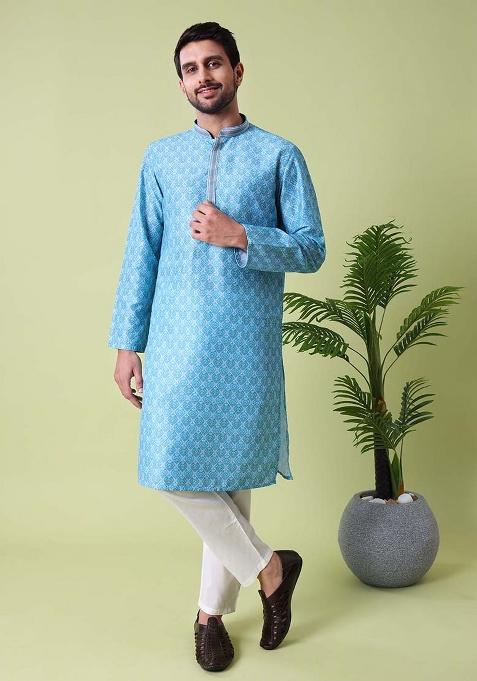 Blue Printed Cotton Silk Kurta For Men