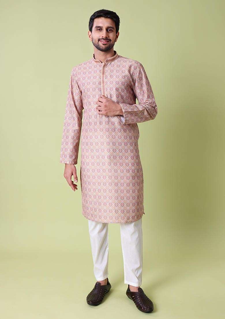 Peach Printed Cotton Silk Kurta For Men - Indya