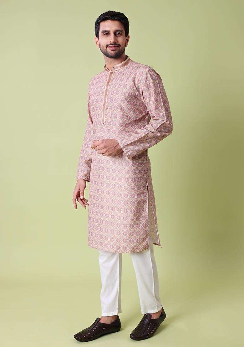 Peach Printed Cotton Silk Kurta For Men - Indya