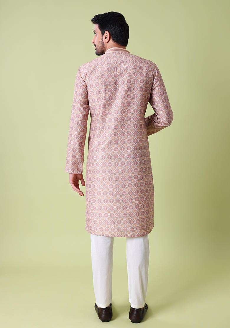 Peach Printed Cotton Silk Kurta For Men - Indya