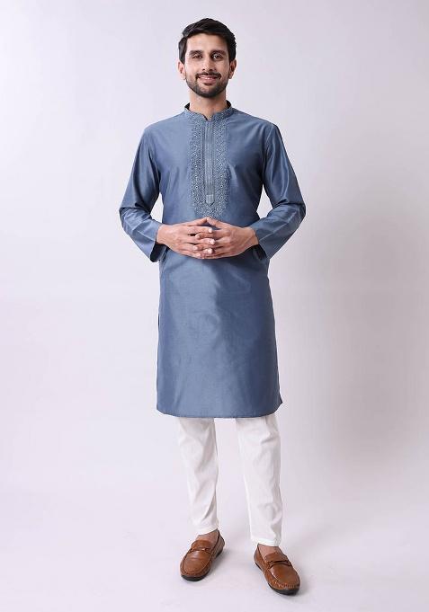 Blue Embroidered Cotton Silk Kurta For Men