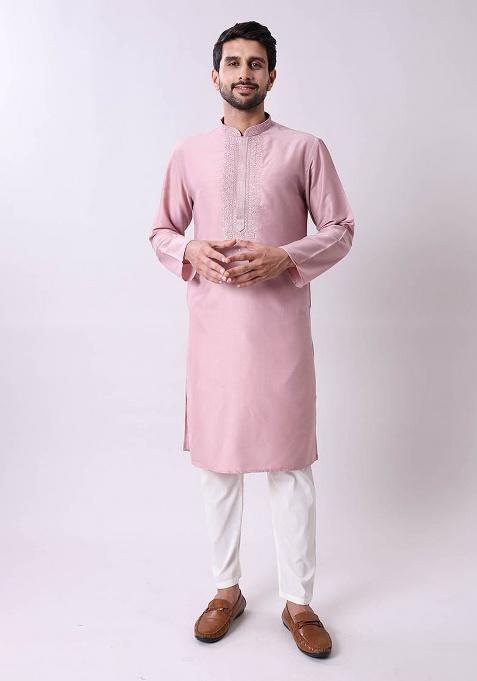 Peach Embroidered Cotton Silk Kurta For Men