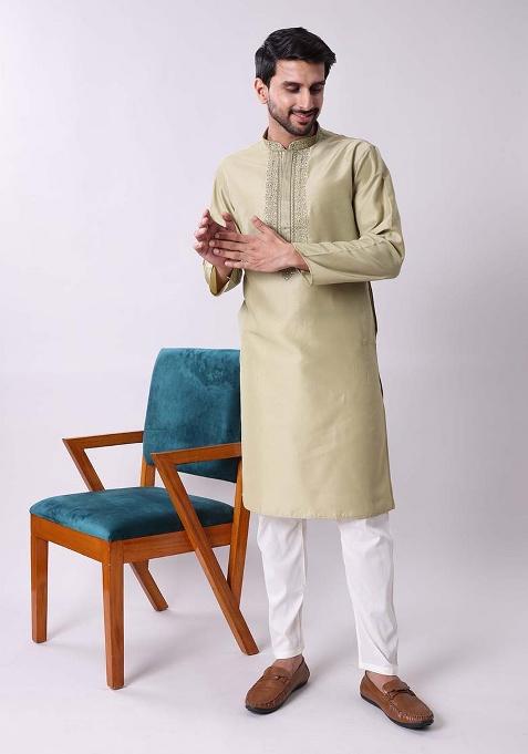 Green Embroidered Cotton Silk Kurta For Men