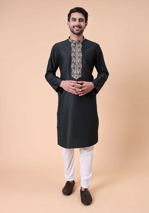 Black Embroidered Cotton Silk Kurta For Men
