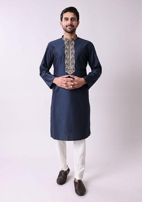 Blue Embroidered Cotton Silk Kurta For Men