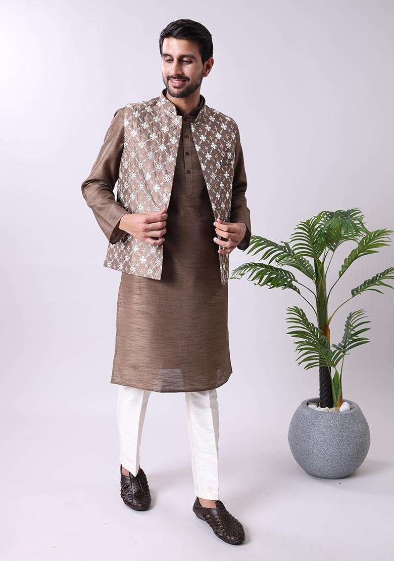 Brown Mirror Work Cotton Silk Kurta For Men - Indya