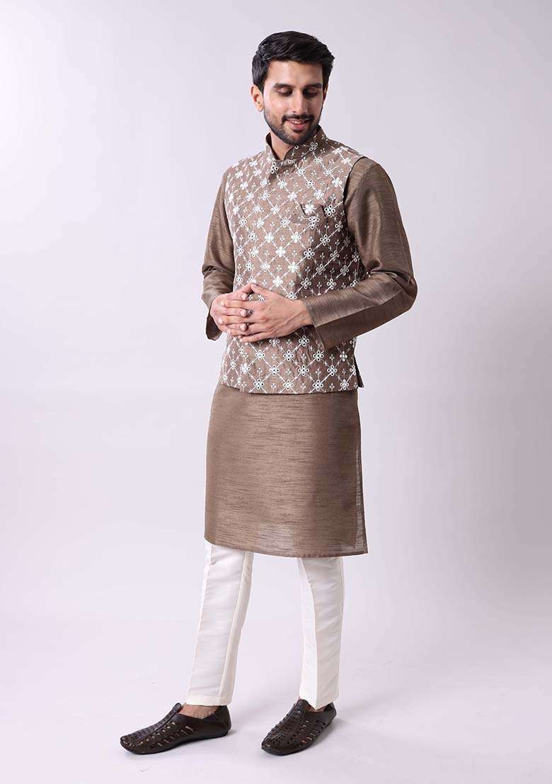 Brown Mirror Work Cotton Silk Kurta For Men - Indya