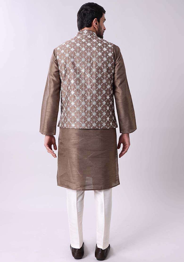 Brown Mirror Work Cotton Silk Kurta For Men - Indya