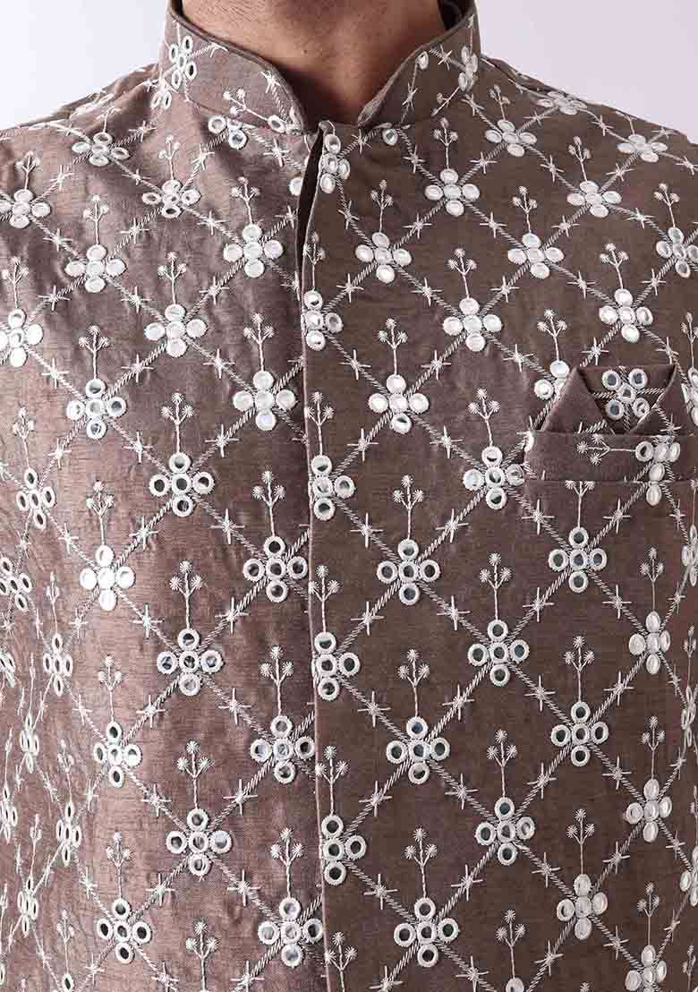 Brown Mirror Work Cotton Silk Kurta For Men - Indya