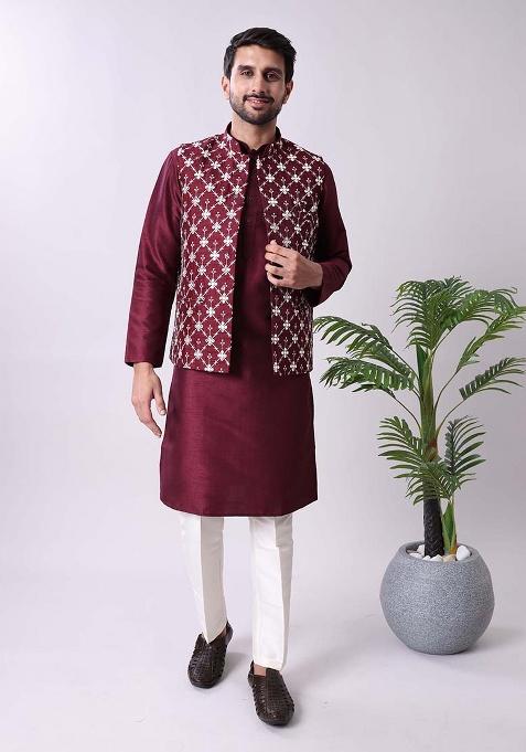 Maroon Mirror Work Cotton Silk Kurta For Men