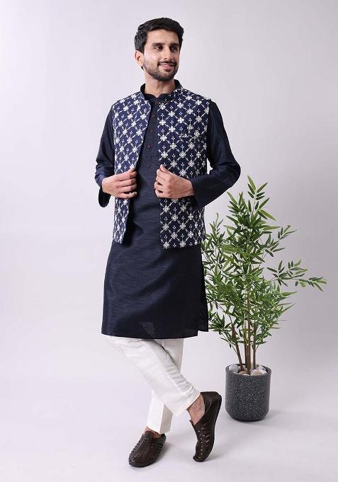 Blue Mirror Work Cotton Silk Kurta For Men