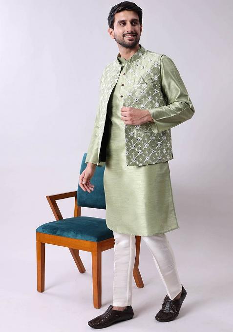 Green Mirror Work Cotton Silk Kurta For Men