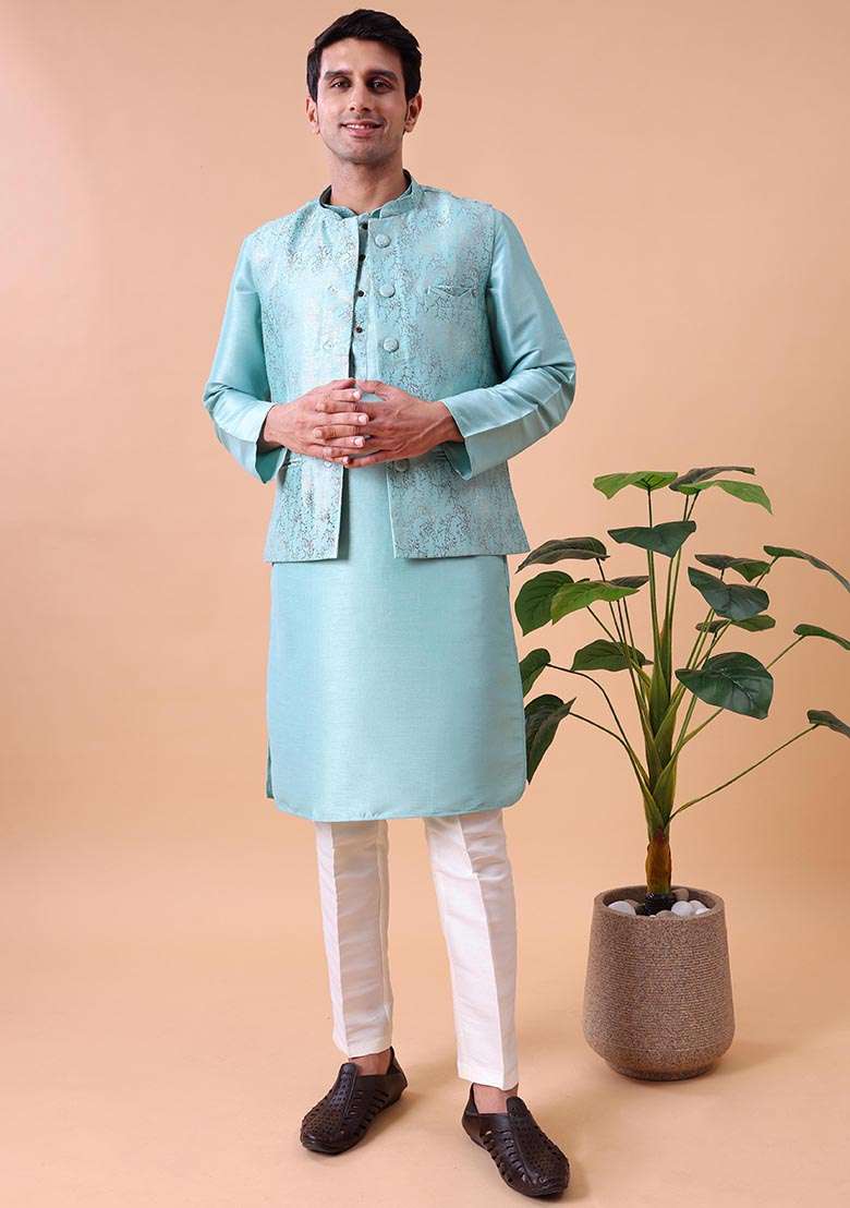 Green Printed Cotton Silk Kurta For Men - Indya