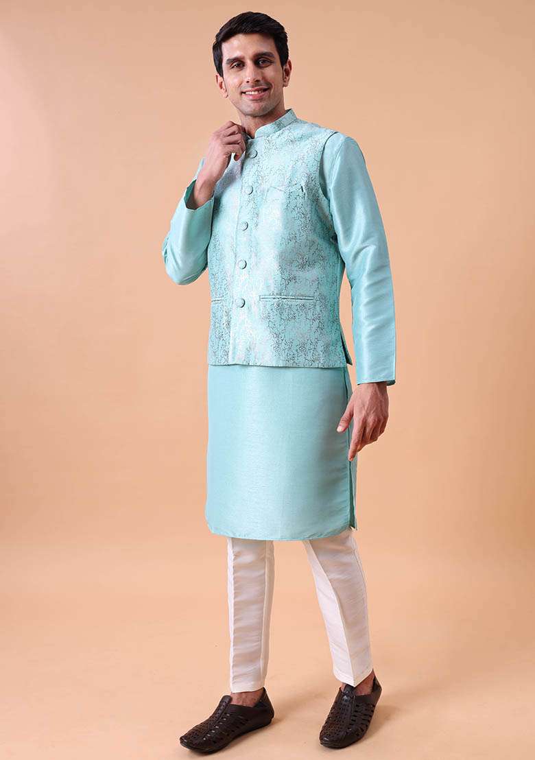 Green Printed Cotton Silk Kurta For Men - Indya