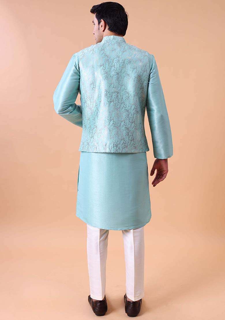 Green Printed Cotton Silk Kurta For Men - Indya