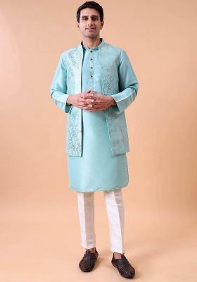 Green Printed Cotton Silk Kurta For Men