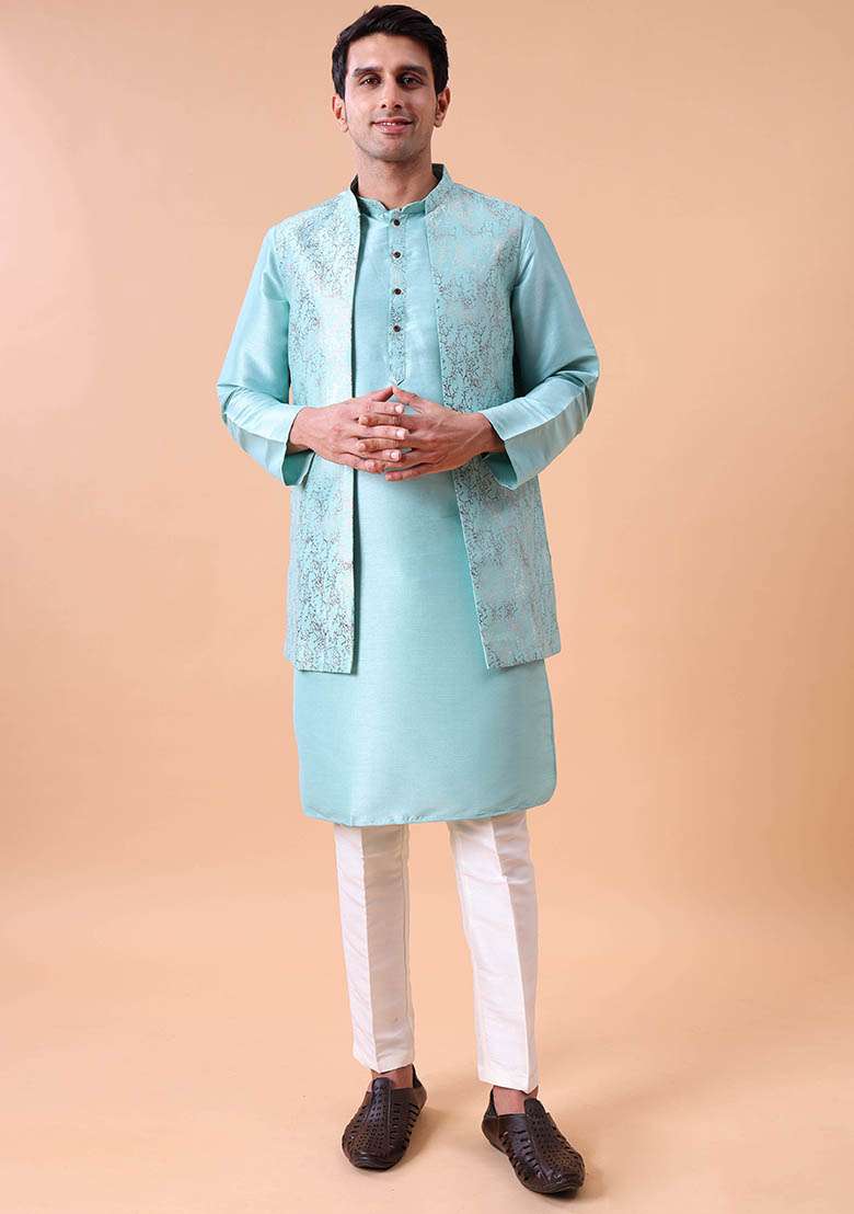 Green Printed Cotton Silk Kurta For Men - Indya