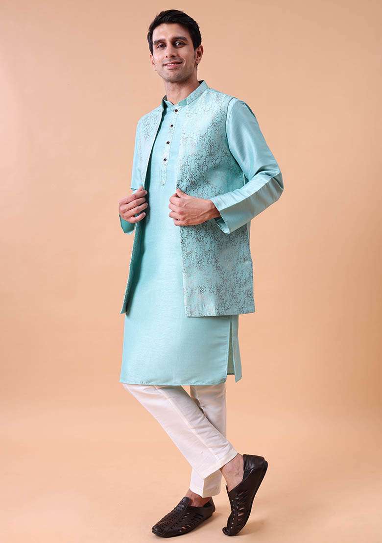 Green Printed Cotton Silk Kurta For Men - Indya
