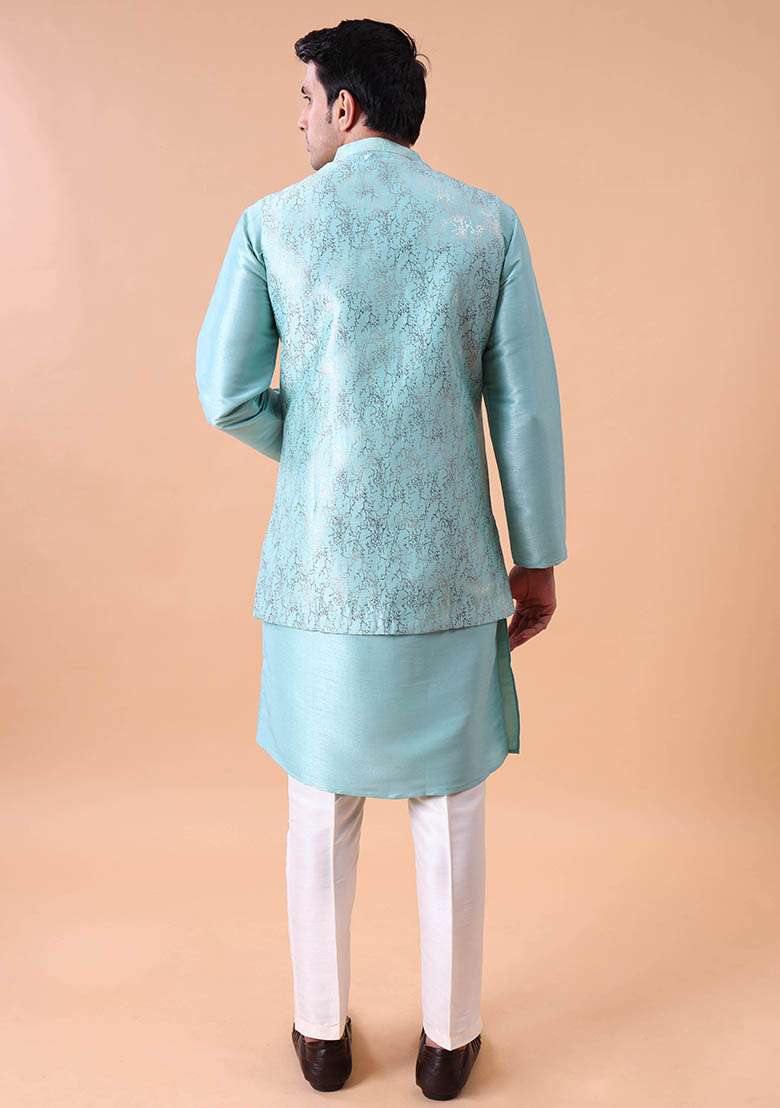 Green Printed Cotton Silk Kurta For Men - Indya