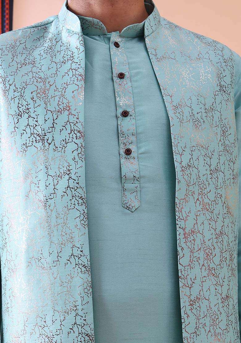 Green Printed Cotton Silk Kurta For Men - Indya