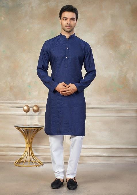 Navy Blue Motif Cotton Kurta Pajama Set