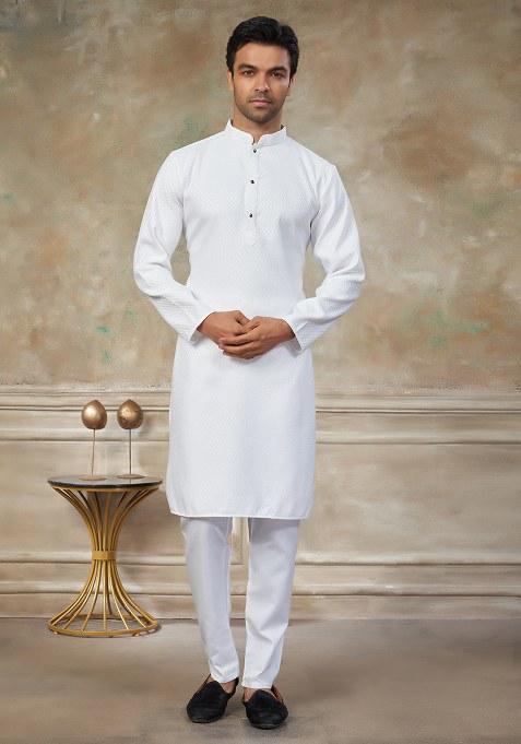 White Motif Cotton Kurta Pajama Set
