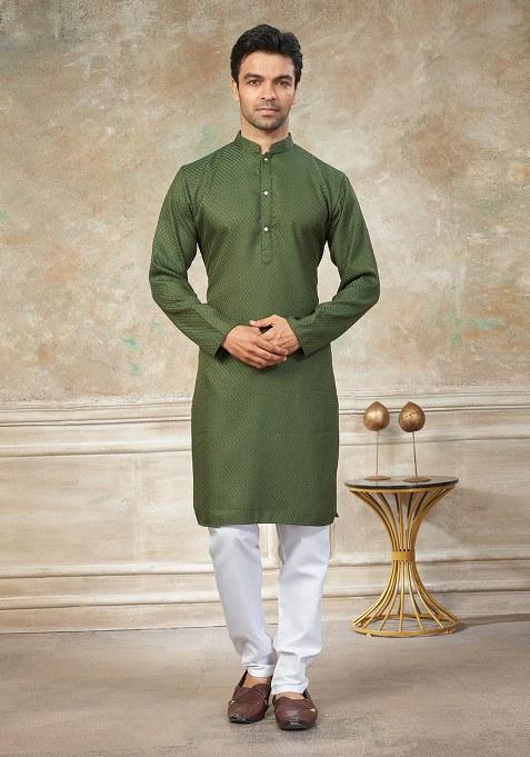 Green Motif Cotton Kurta Pajama Set