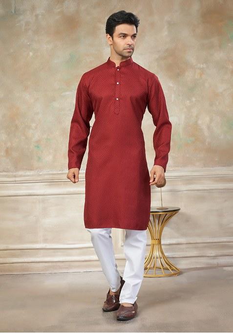 Maroon Motif Cotton Kurta Pajama Set