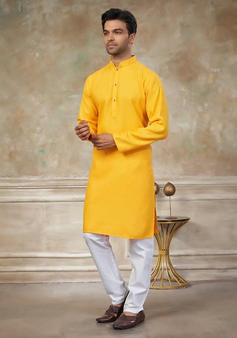 Yellow Motif Cotton Kurta Pajama Set