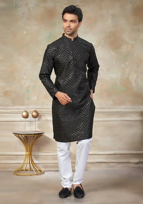 Black Motif Cotton Kurta Pajama Set