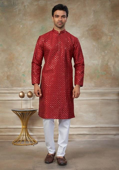 Red Motif Cotton Kurta Pajama Set