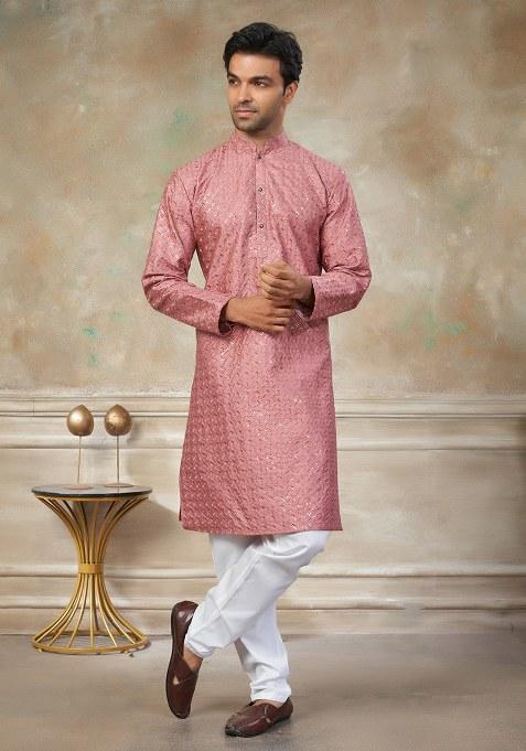 Pink Motif Cotton Kurta Pajama Set