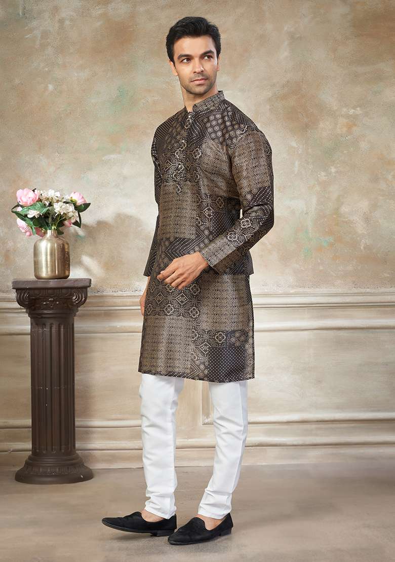 Black Motif Silk Blend Kurta Pajama Set - Indya