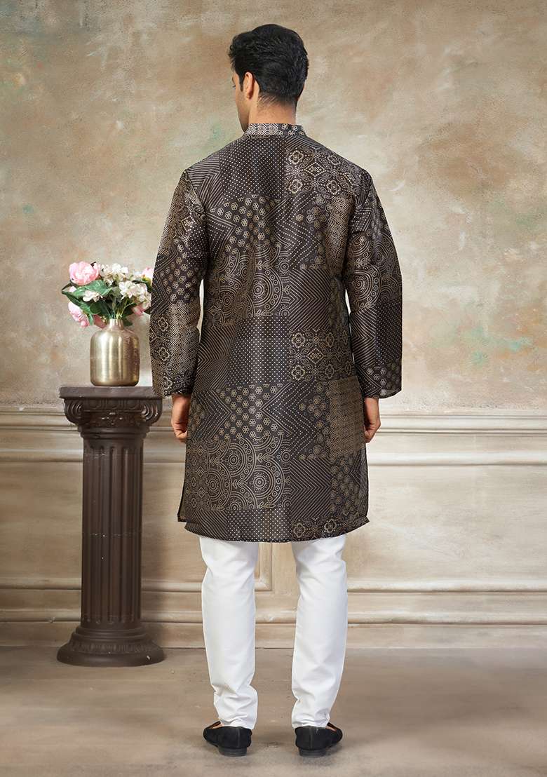 Black Motif Silk Blend Kurta Pajama Set - Indya