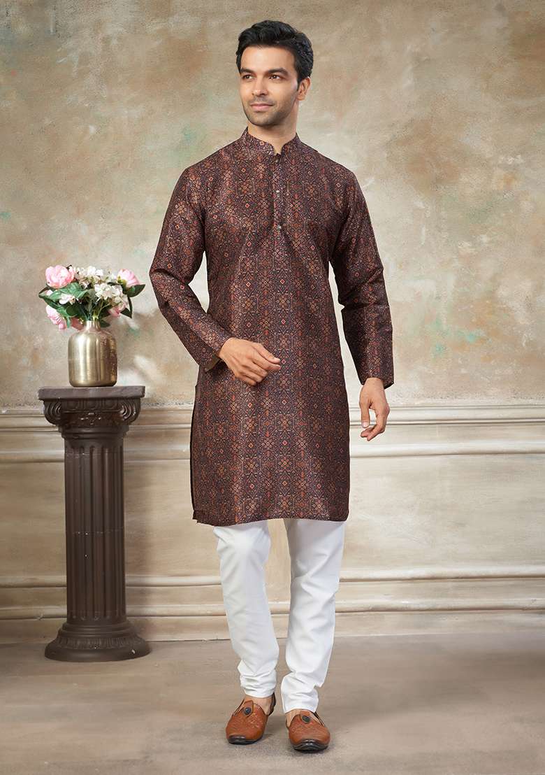 Brown Motif Silk Blend Kurta Pajama Set - Indya