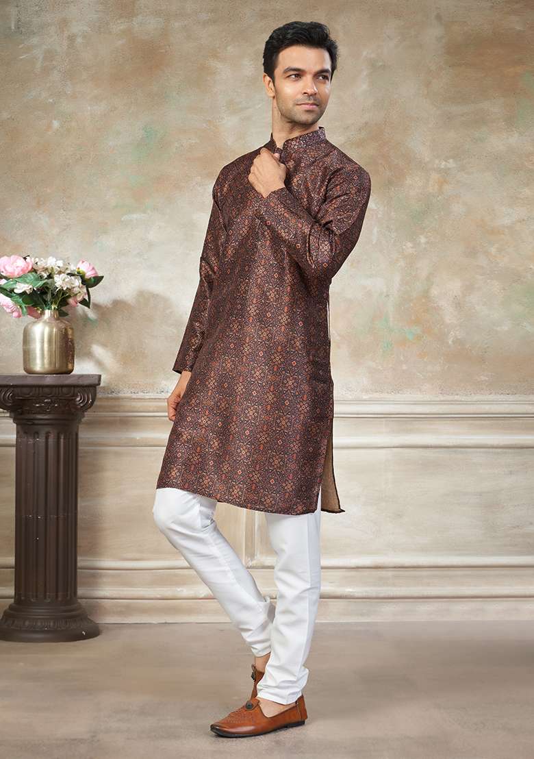 Brown Motif Silk Blend Kurta Pajama Set - Indya