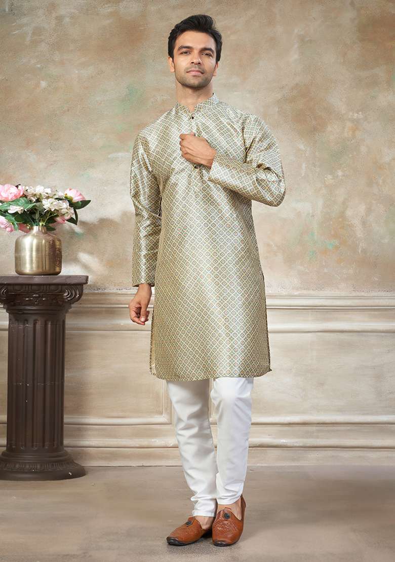 Green Motif Silk Blend Kurta Pajama Set - Indya