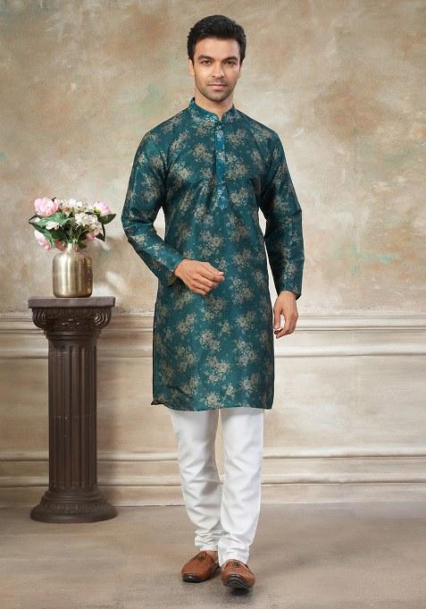 Teal Blue Motif Silk Kurta Pajama Set
