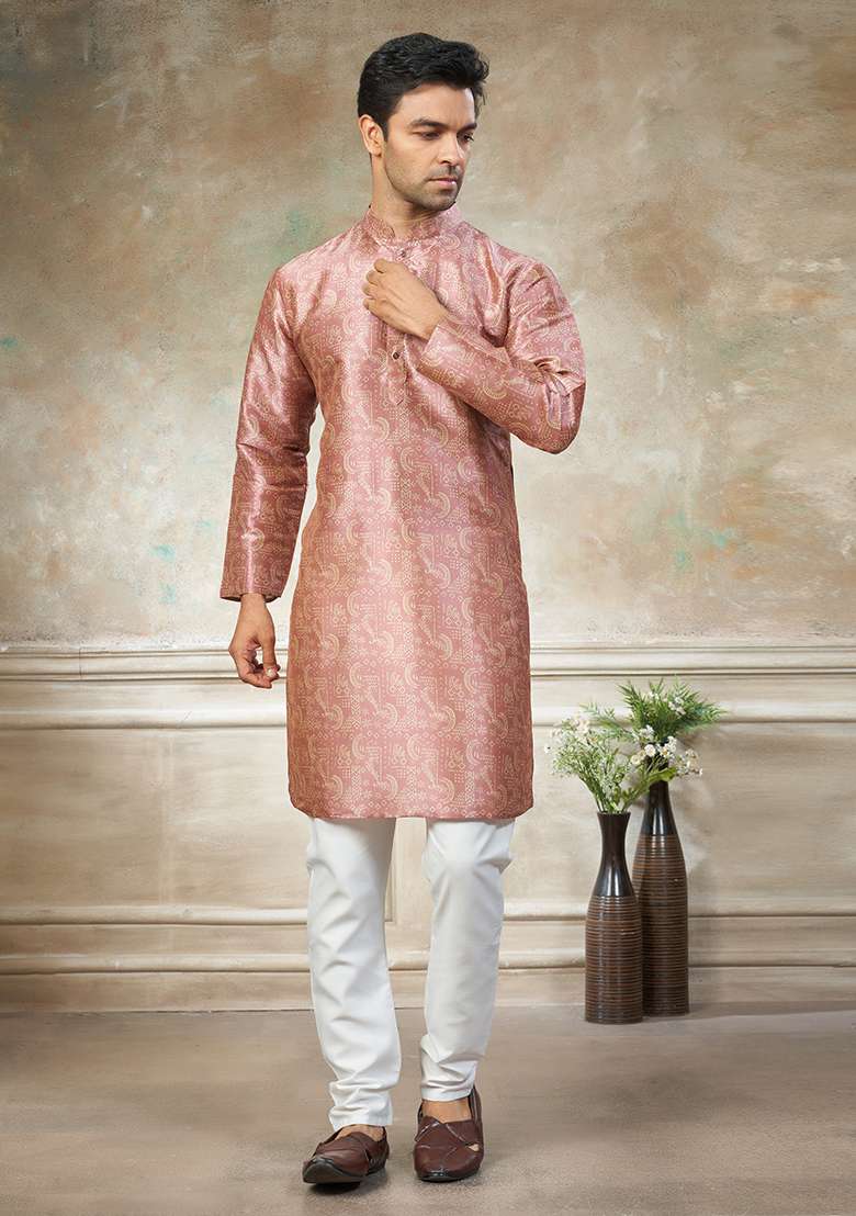 Pink Motif Silk Blend Kurta Pajama Set - Indya