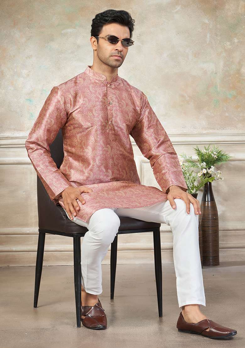 Pink Motif Silk Blend Kurta Pajama Set - Indya