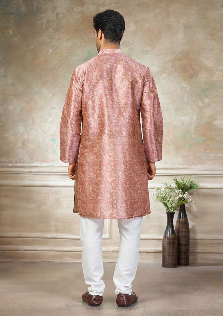 Pink Motif Silk Blend Kurta Pajama Set - Indya