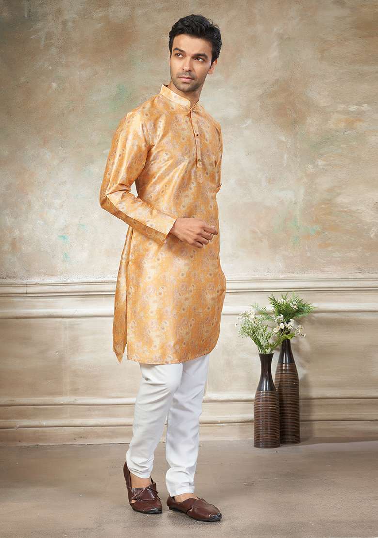 Yellow Motif Silk Blend Kurta Pajama Set - Indya