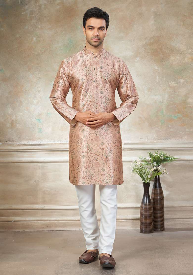Peach Motif Silk Blend Kurta Pajama Set - Indya