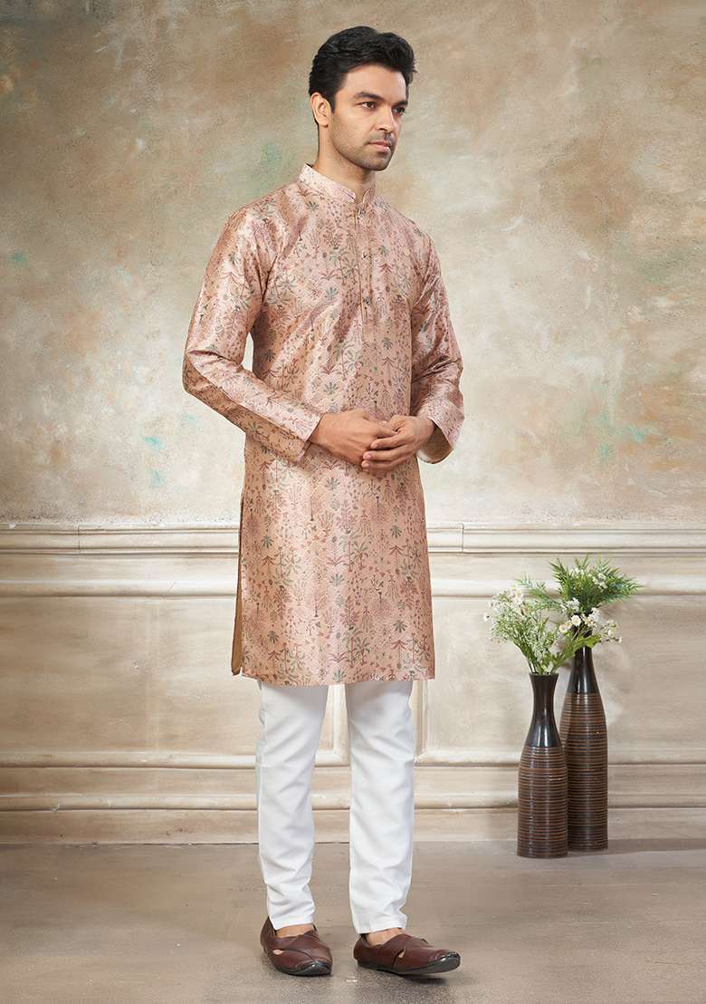 Peach Motif Silk Blend Kurta Pajama Set - Indya