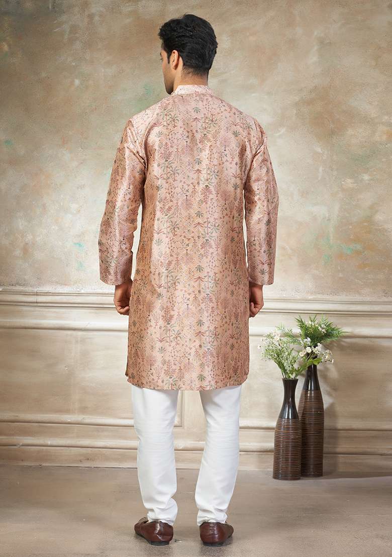 Peach Motif Silk Blend Kurta Pajama Set - Indya