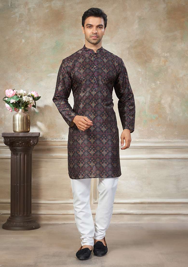Black Motif Silk Blend Kurta Pajama Set - Indya