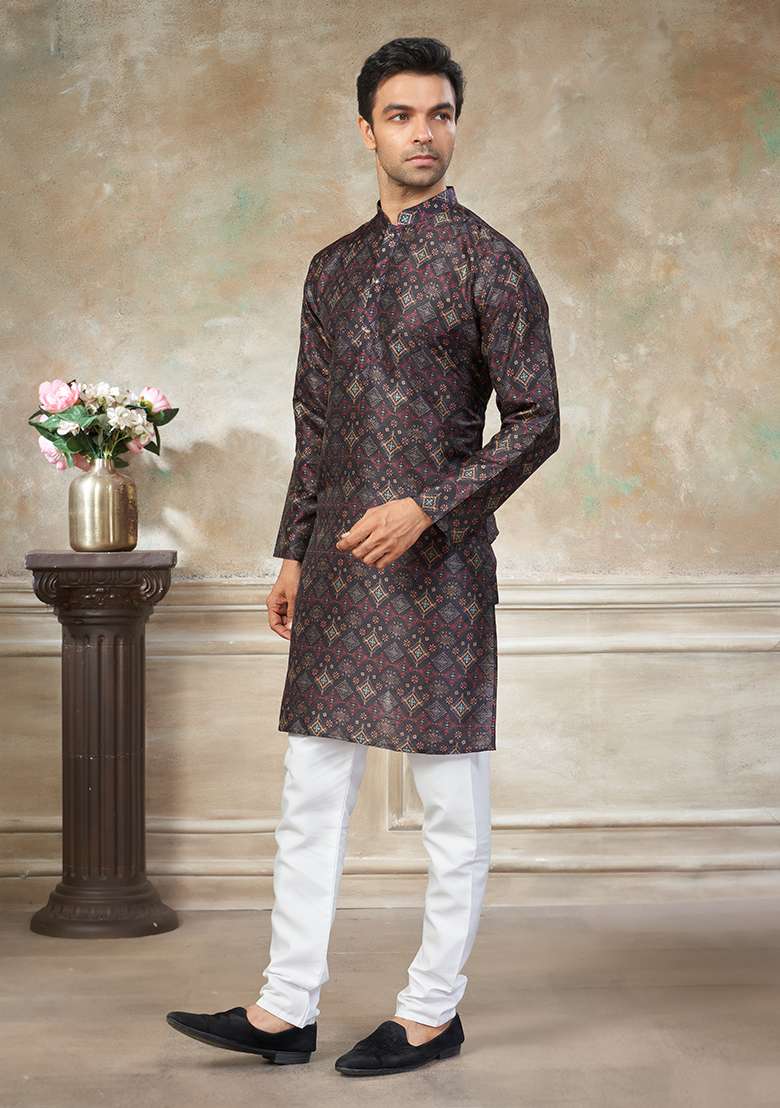 Black Motif Silk Blend Kurta Pajama Set - Indya
